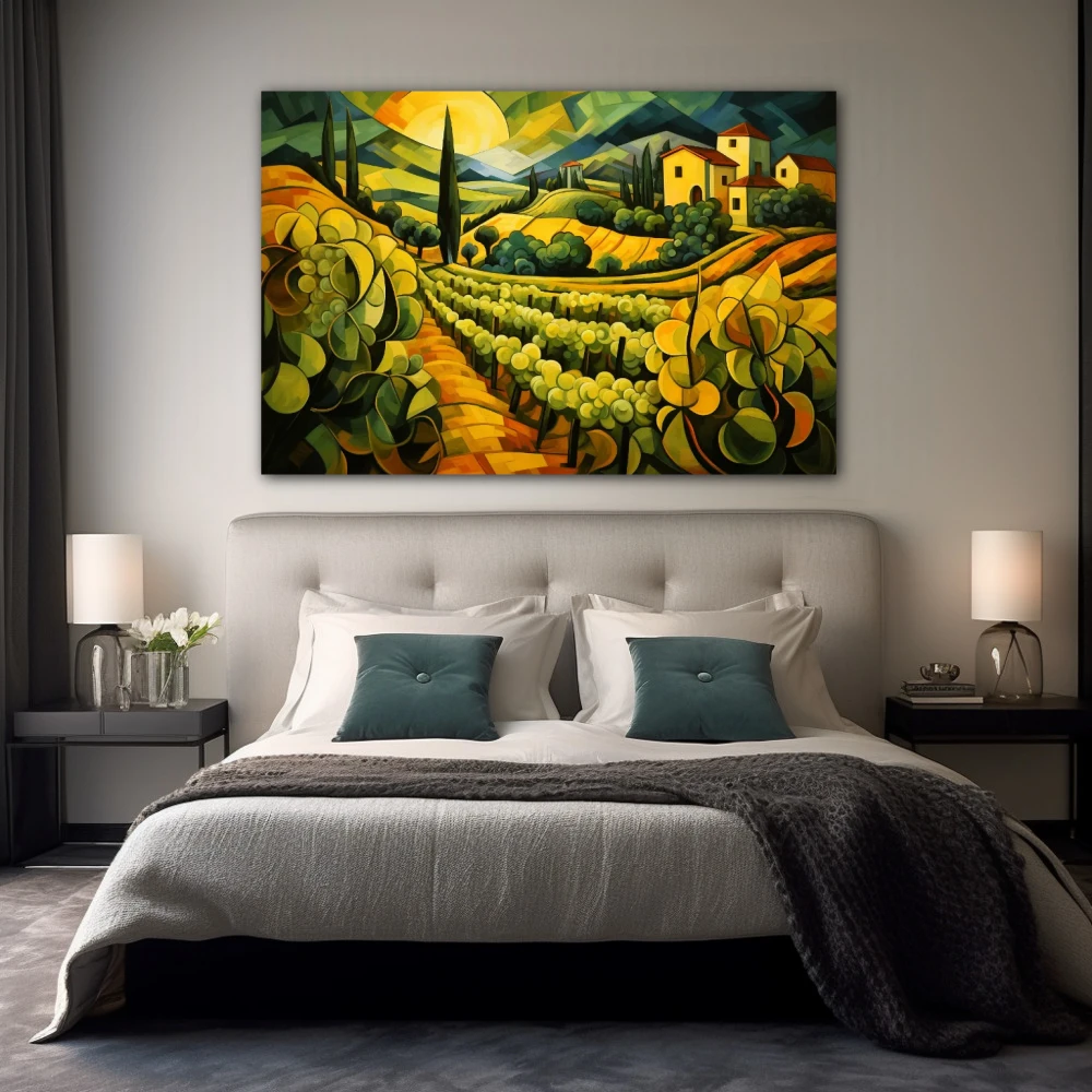 Cuadro donde no hay vino no hay amor en formato horizontal con colores amarillo, verde, vivos; decorando pared de habitación dormitorio
