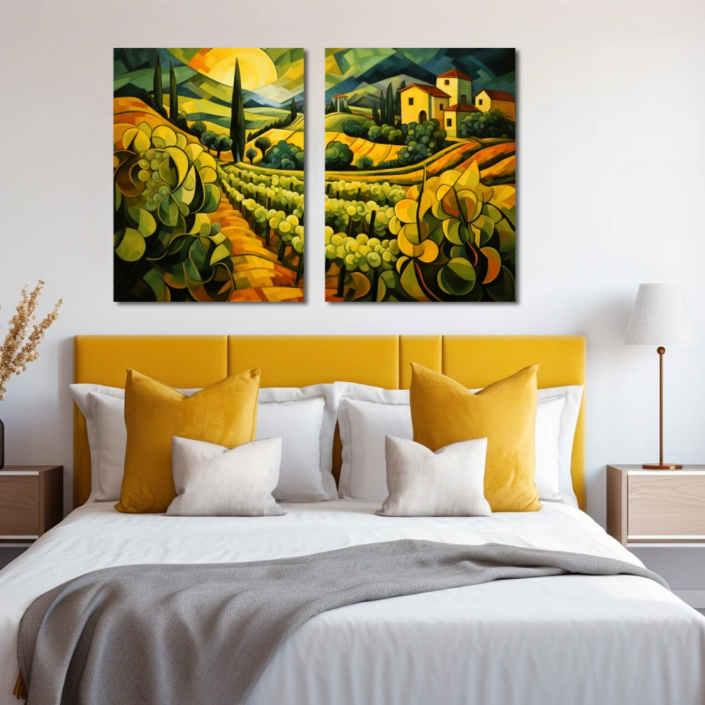 Cuadro donde no hay vino no hay amor en formato díptico con colores amarillo, verde, vivos; decorando pared de habitación dormitorio