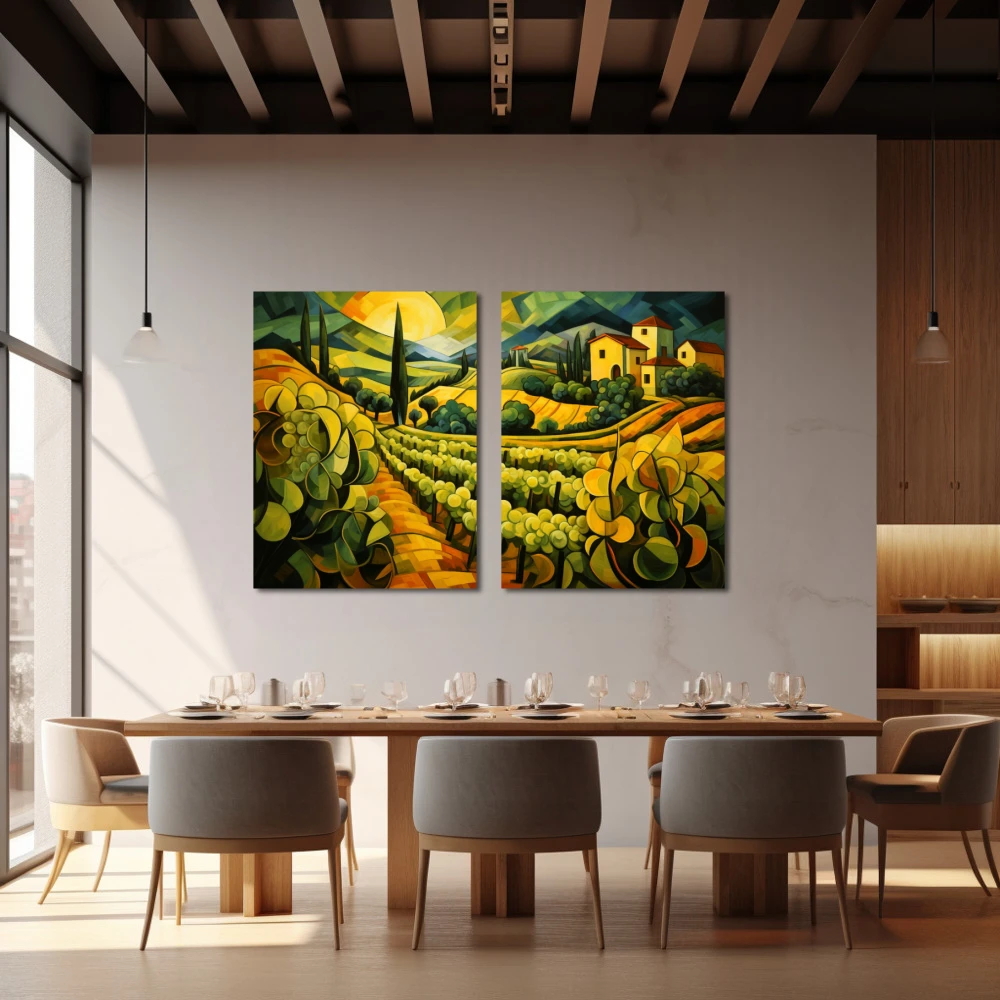 Wall Art titled: Where There Is No Wine There Is No Love in a Horizontal format with: Yellow, Green, and Vivid Colors; Decoration the Restaurant wall