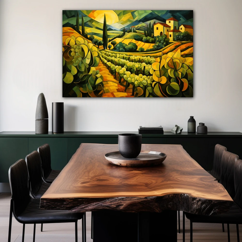 Cuadro donde no hay vino no hay amor en formato horizontal con colores amarillo, verde, vivos; decorando pared de salón comedor