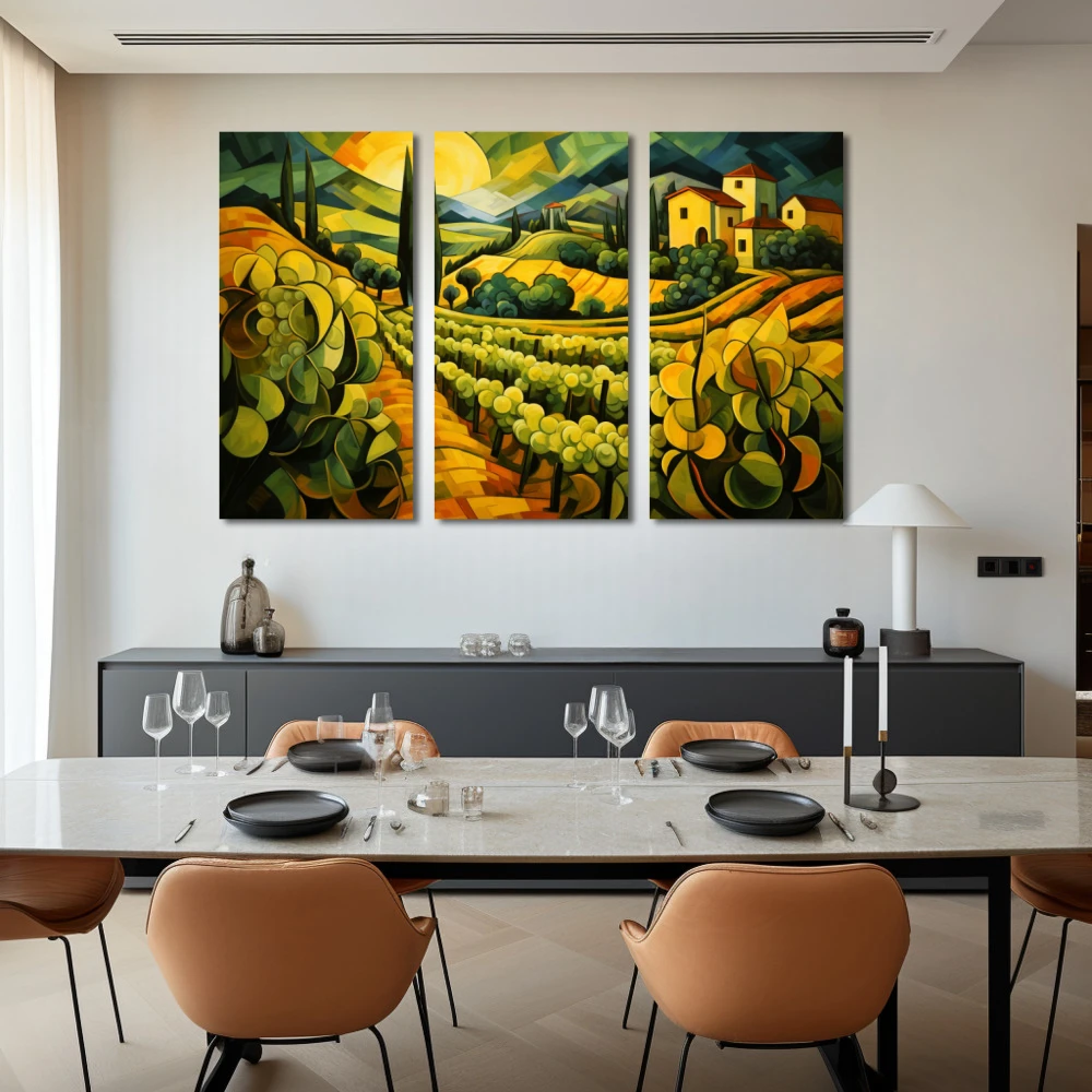 Cuadro donde no hay vino no hay amor en formato tríptico con colores amarillo, verde, vivos; decorando pared de salón comedor