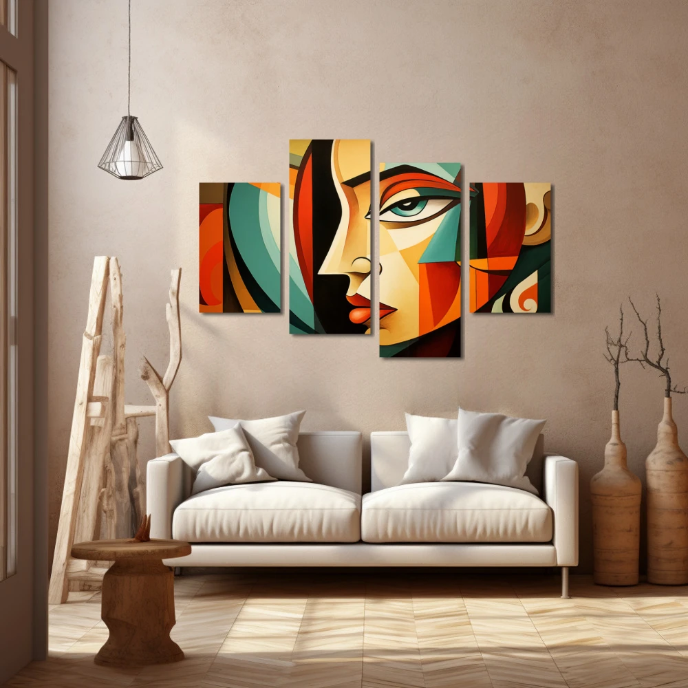 Cuadro expresiones poligonales en formato políptico con colores celeste, marrón, verde; decorando pared beige