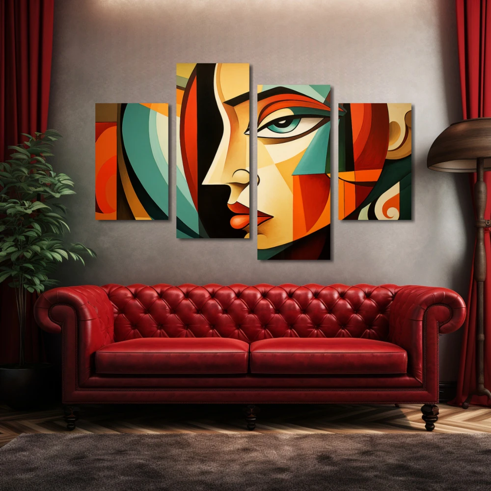 Cuadro expresiones poligonales en formato políptico con colores celeste, marrón, verde; decorando pared de encima del sofá