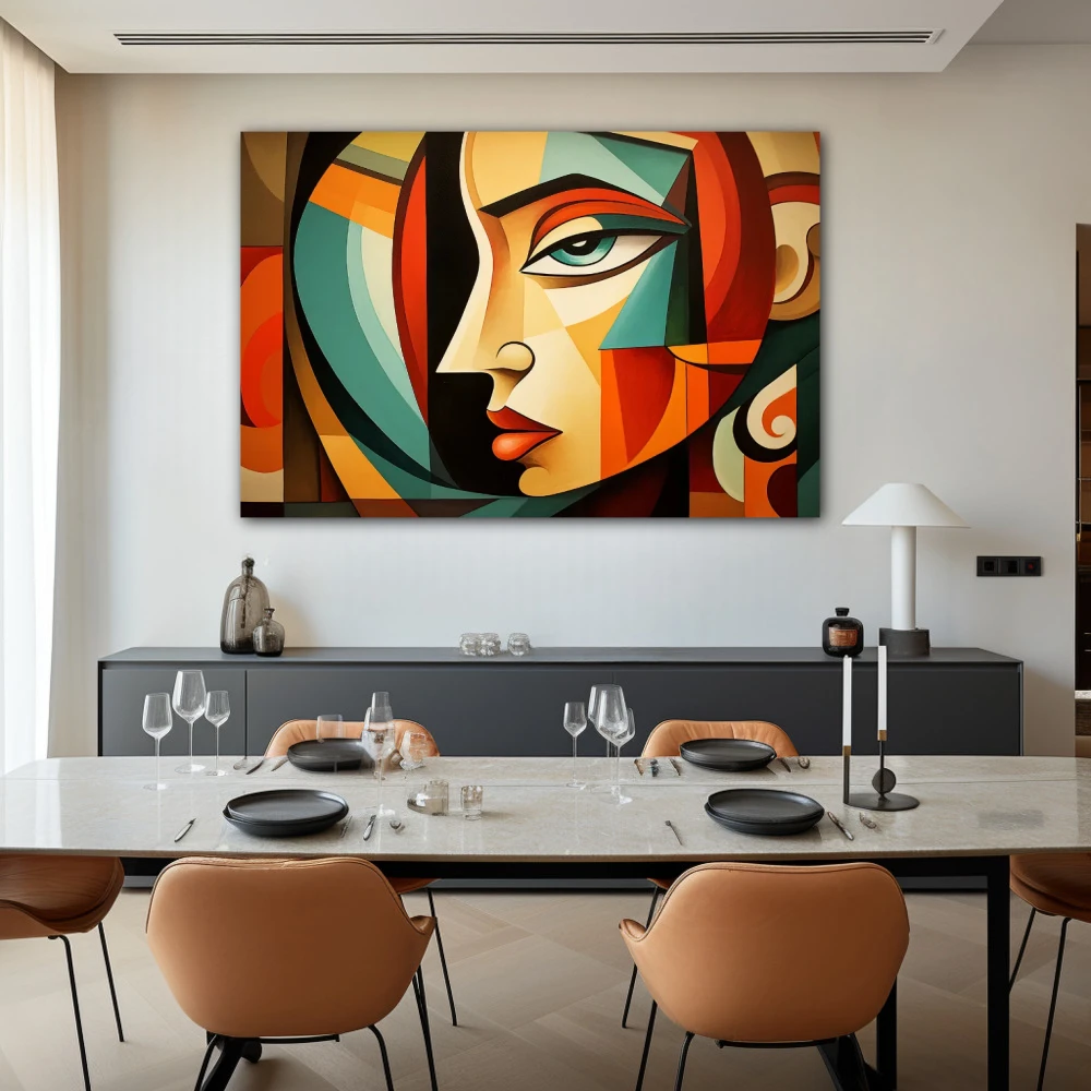 Wall Art titled: Polygonal Expressions in a Horizontal format with: Sky blue, Brown, and Green Colors; Decoration the Living Room wall