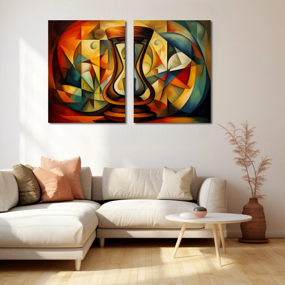 Wall Art titled: Time is an Illusion in a Horizontal format with: Blue, Brown, and Red Colors; Decoration the Beige Wall wall