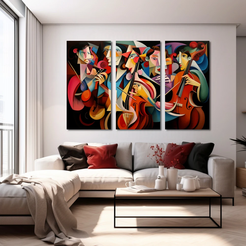 Wall Art titled: Polygonal Symphony in a Horizontal format with: Blue, Brown, and Pink Colors; Decoration the White Wall wall