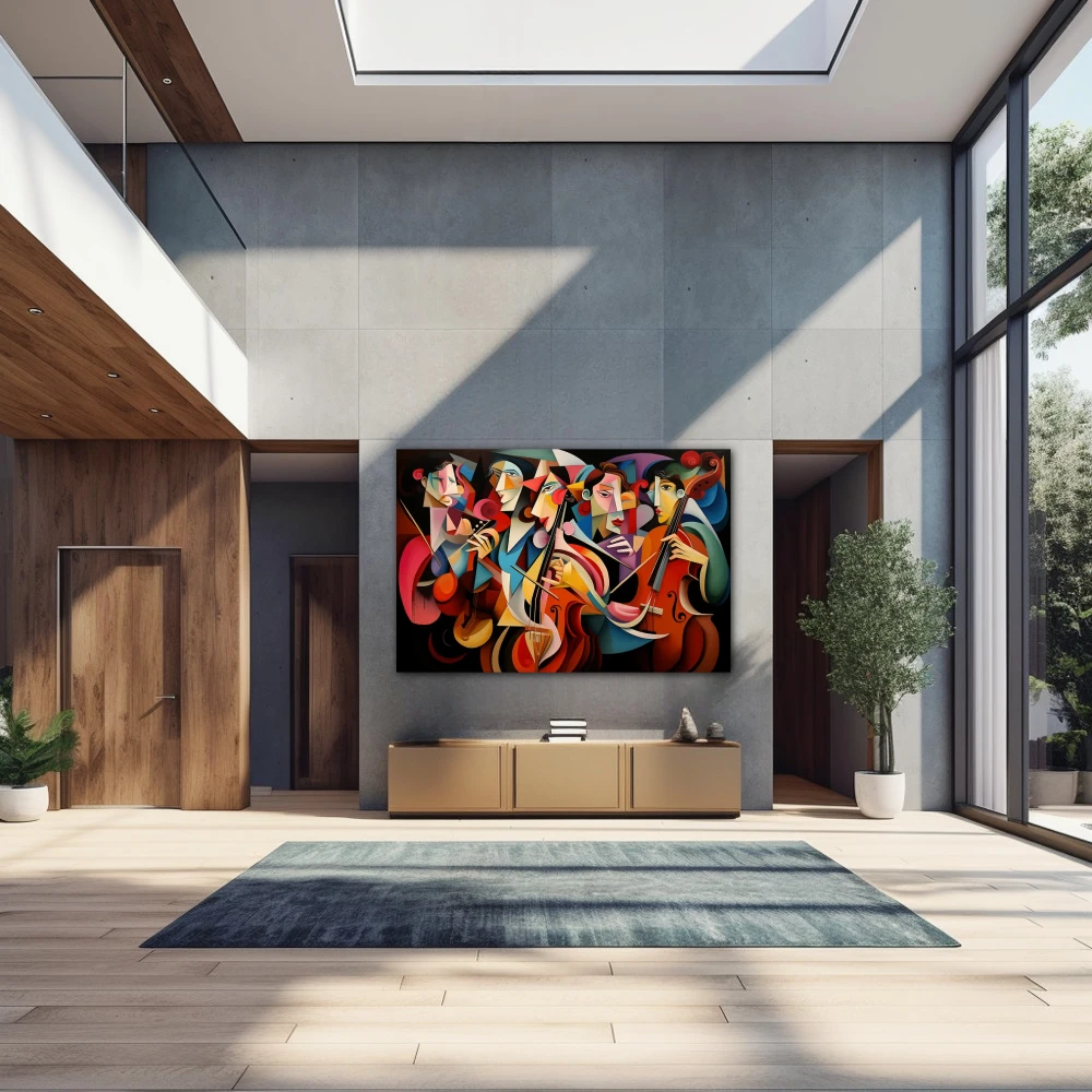 Wall Art titled: Polygonal Symphony in a Horizontal format with: Blue, Brown, and Pink Colors; Decoration the Entryway wall