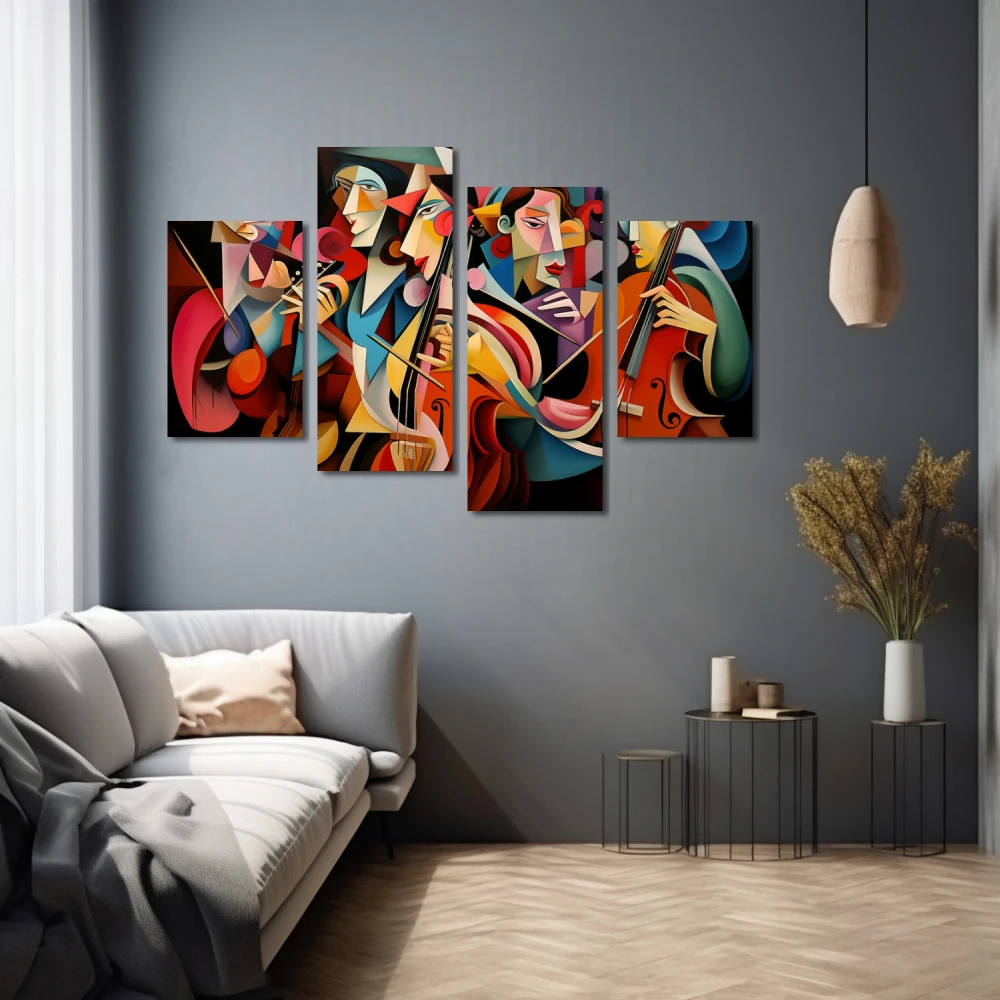 Wall Art titled: Polygonal Symphony in a Horizontal format with: Blue, Brown, and Pink Colors; Decoration the Grey Walls wall