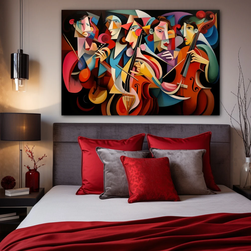 Wall Art titled: Polygonal Symphony in a Horizontal format with: Blue, Brown, and Pink Colors; Decoration the Bedroom wall