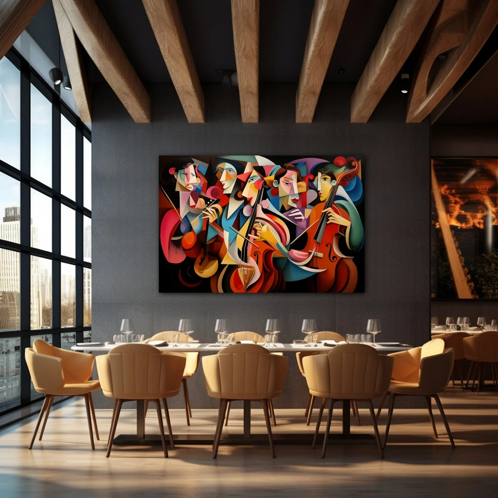Cuadro sinfonía poligonal en formato horizontal con colores azul, marrón, rosa; decorando pared de restaurante