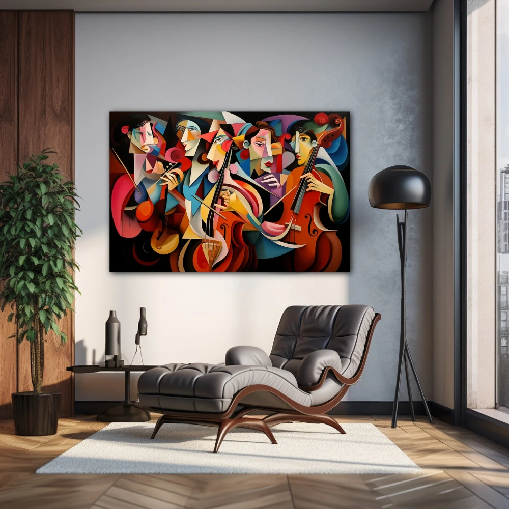 Wall Art titled: Polygonal Symphony in a Horizontal format with: Blue, Brown, and Pink Colors; Decoration the Living Room wall