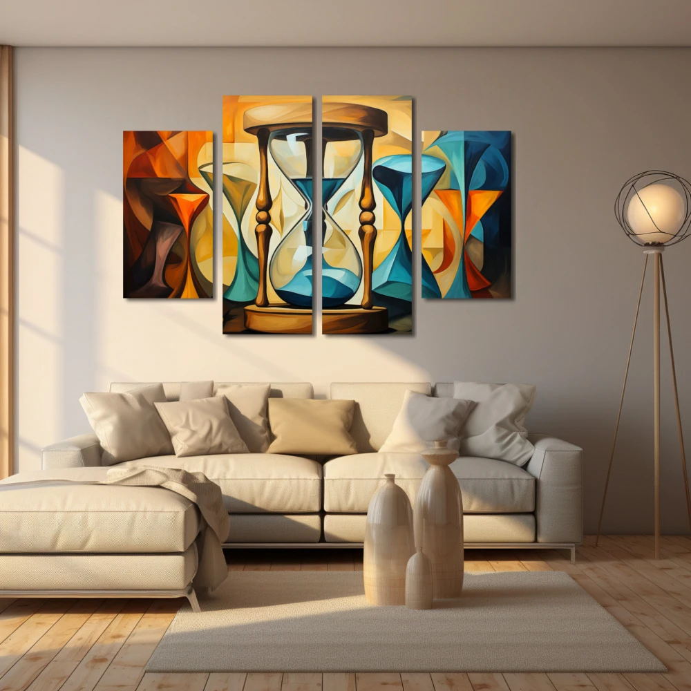 Wall Art titled: Time is Relative in a Horizontal format with: Sky blue, Brown, and Orange Colors; Decoration the Beige Wall wall