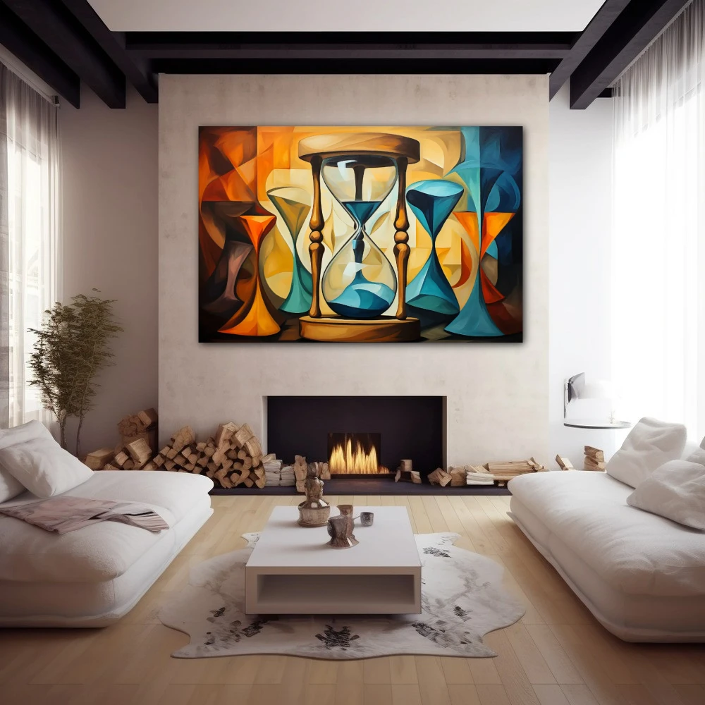 Wall Art titled: Time is Relative in a Horizontal format with: Sky blue, Brown, and Orange Colors; Decoration the Fireplace wall