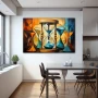Wall Art titled: Time is Relative in a Horizontal format with: Sky blue, Brown, and Orange Colors; Decoration the Kitchen wall