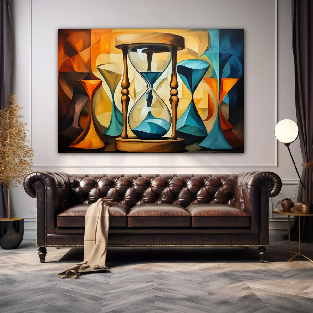 Wall Art titled: Time is Relative in a Horizontal format with: Sky blue, Brown, and Orange Colors; Decoration the Above Couch wall
