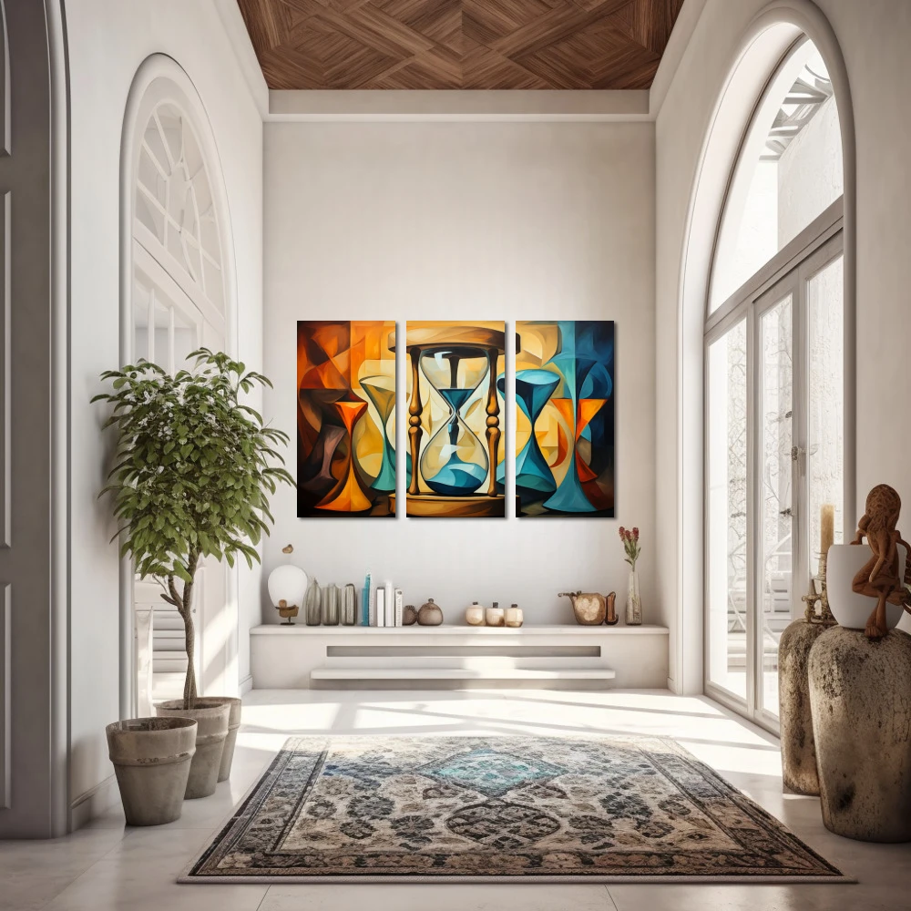 Wall Art titled: Time is Relative in a Horizontal format with: Sky blue, Brown, and Orange Colors; Decoration the Entryway wall