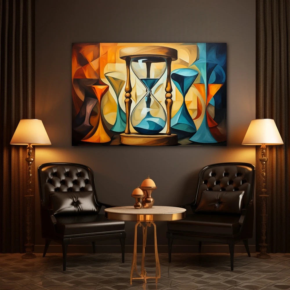 Cuadro el tiempo es relativo en formato horizontal con colores celeste, marrón, naranja; decorando pared de salón comedor