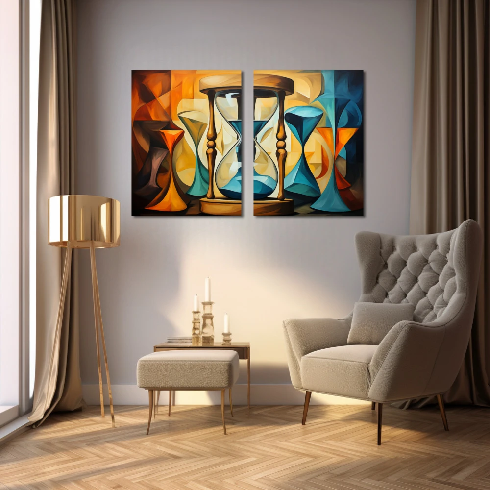 Wall Art titled: Time is Relative in a Horizontal format with: Sky blue, Brown, and Orange Colors; Decoration the Living Room wall