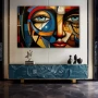 Wall Art titled: Geometry of Identity in a Horizontal format with: Blue, Orange, and Red Colors; Decoration the Sideboard wall