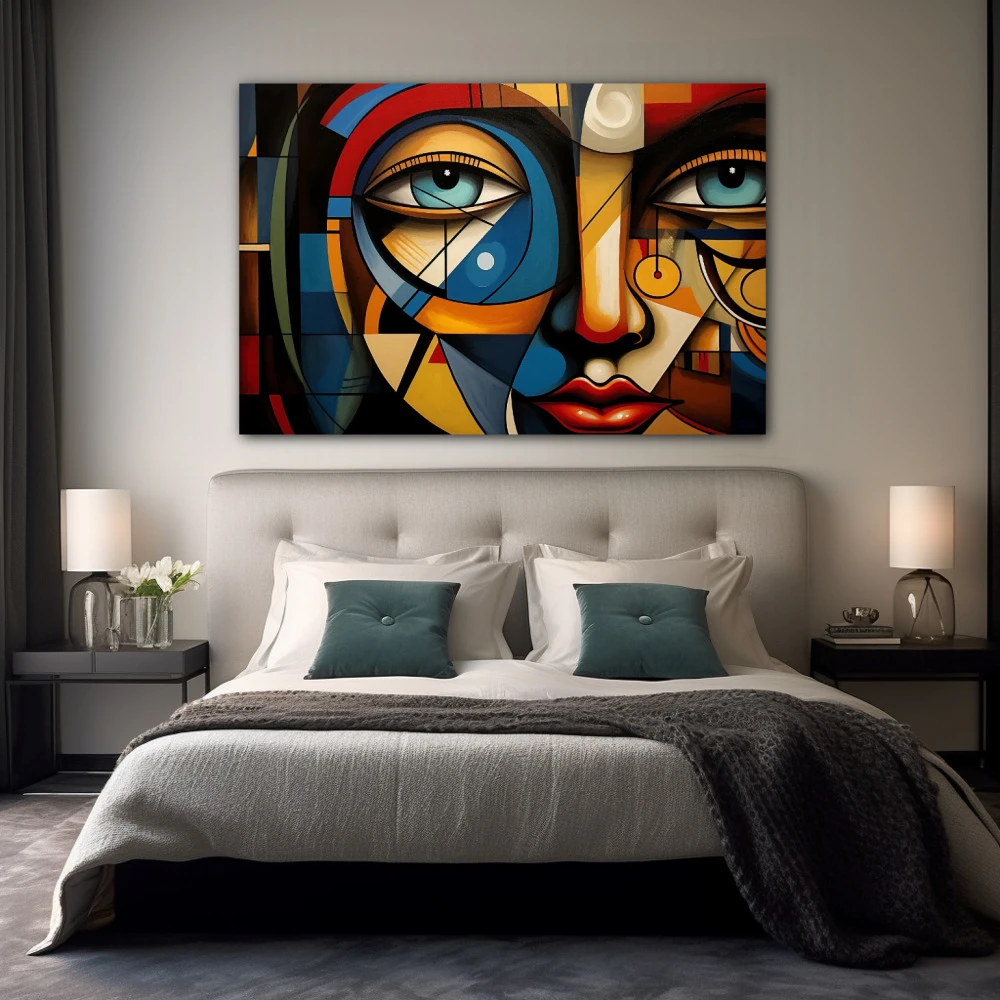 Wall Art titled: Geometry of Identity in a Horizontal format with: Blue, Orange, and Red Colors; Decoration the Bedroom wall