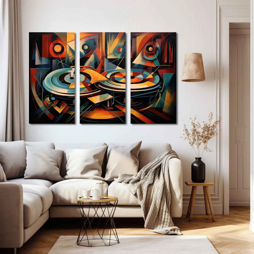 Wall Art titled: Analog Resonances in a Horizontal format with: Sky blue, and Orange Colors; Decoration the Beige Wall wall