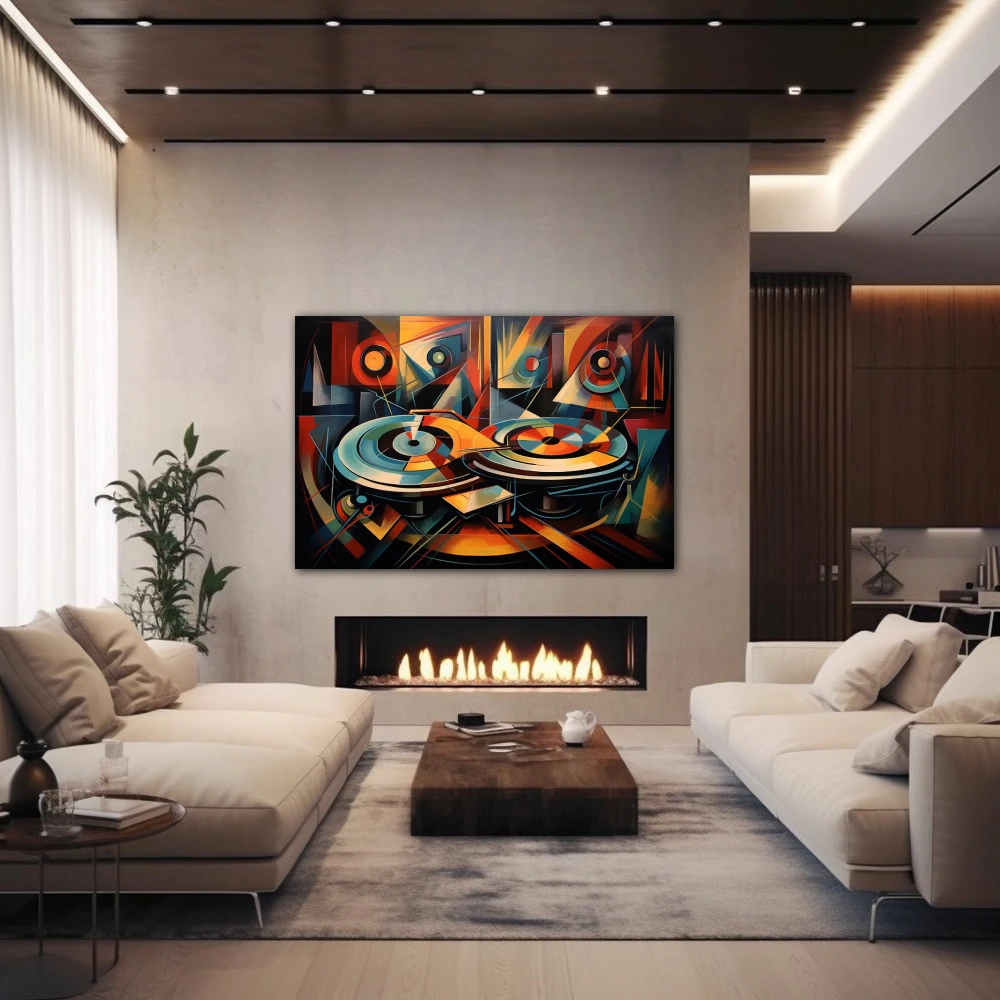 Wall Art titled: Analog Resonances in a Horizontal format with: Sky blue, and Orange Colors; Decoration the Fireplace wall