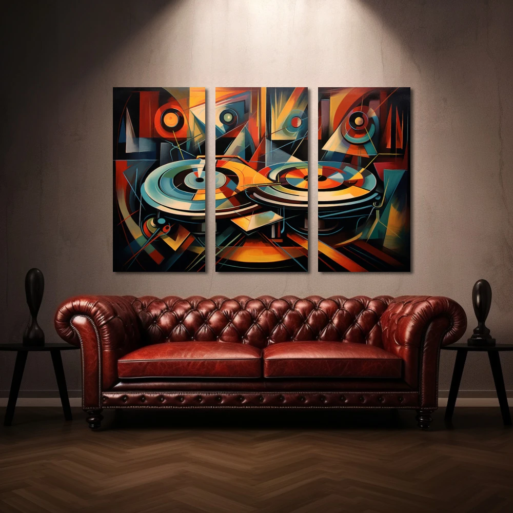 Cuadro resonancias analógicas en formato tríptico con colores celeste, naranja; decorando pared de encima del sofá
