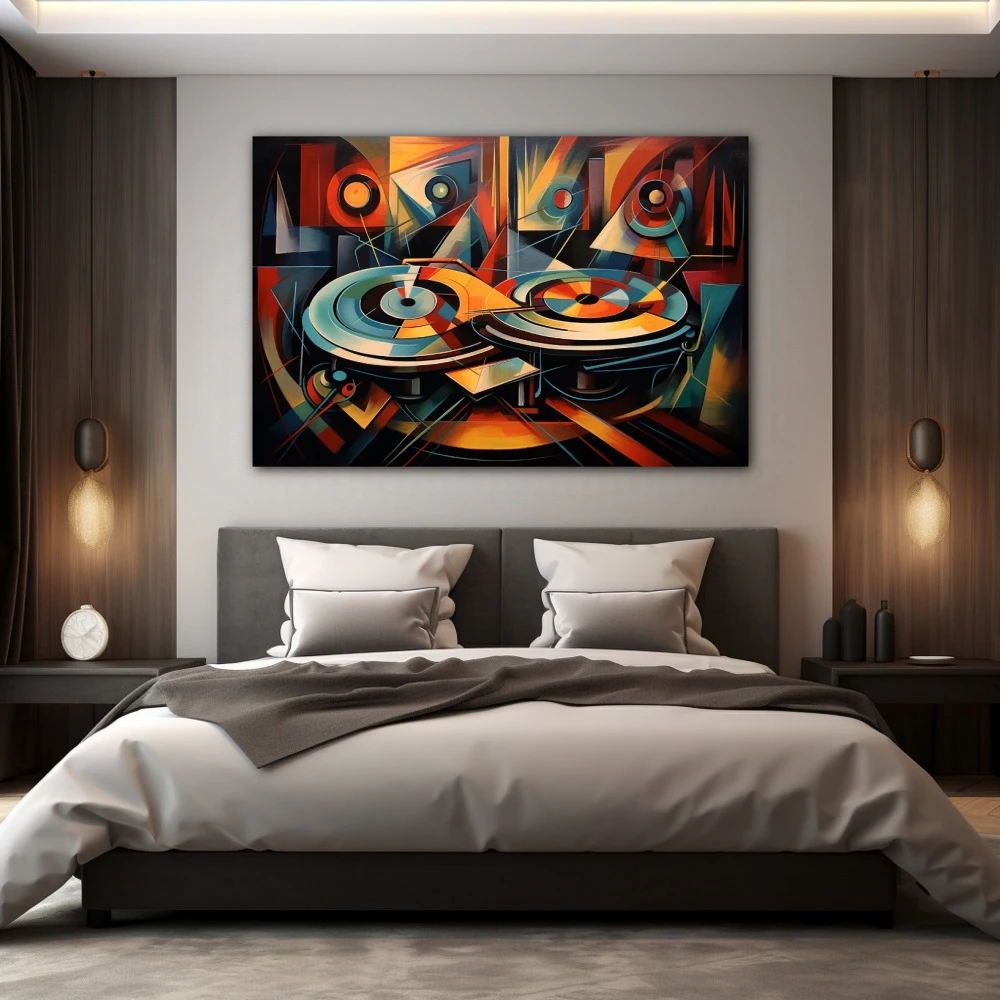 Cuadro resonancias analógicas en formato horizontal con colores celeste, naranja; decorando pared de habitación dormitorio