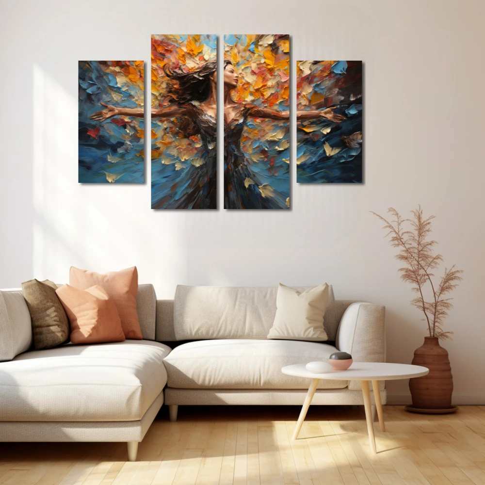 Wall Art titled: Dancing Among Dreams in a Horizontal format with: Blue, Sky blue, and Mustard Colors; Decoration the Beige Wall wall
