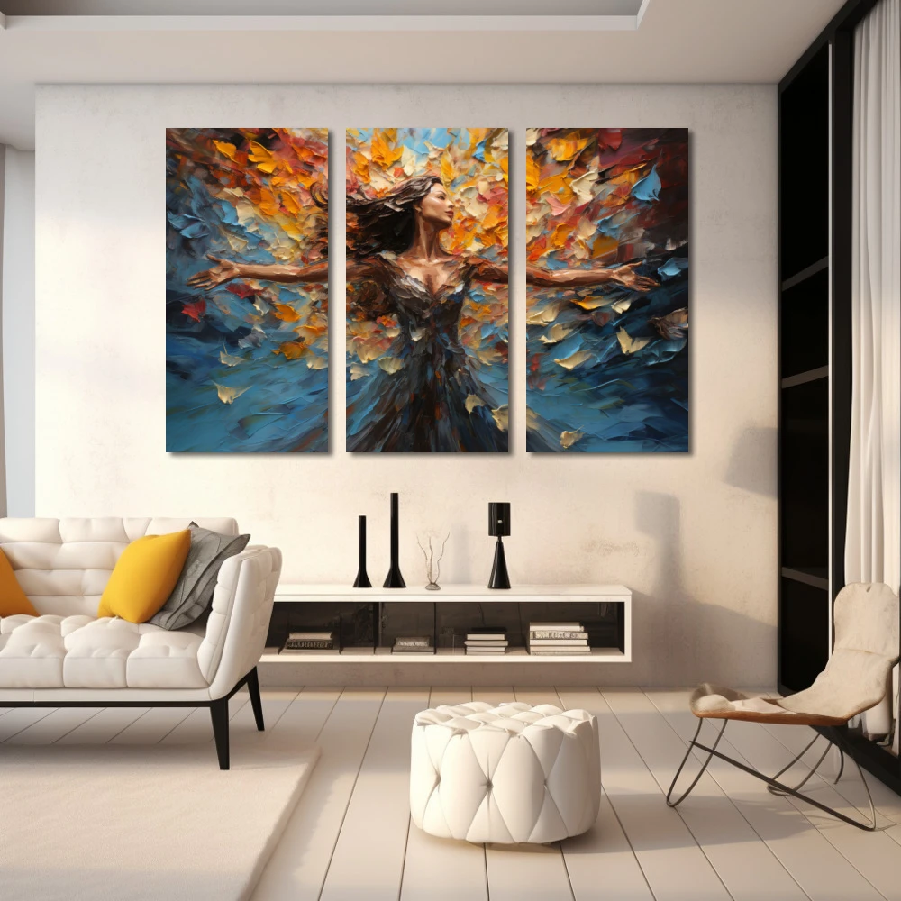 Wall Art titled: Dancing Among Dreams in a Horizontal format with: Blue, Sky blue, and Mustard Colors; Decoration the White Wall wall