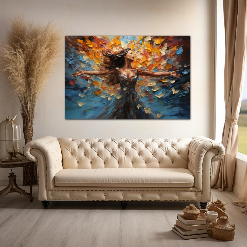 Wall Art titled: Dancing Among Dreams in a Horizontal format with: Blue, Sky blue, and Mustard Colors; Decoration the Above Couch wall