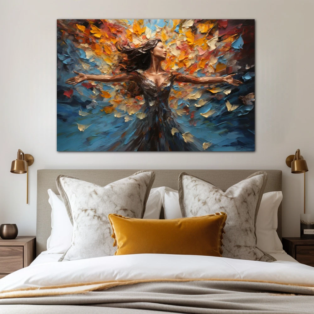 Wall Art titled: Dancing Among Dreams in a Horizontal format with: Blue, Sky blue, and Mustard Colors; Decoration the Bedroom wall