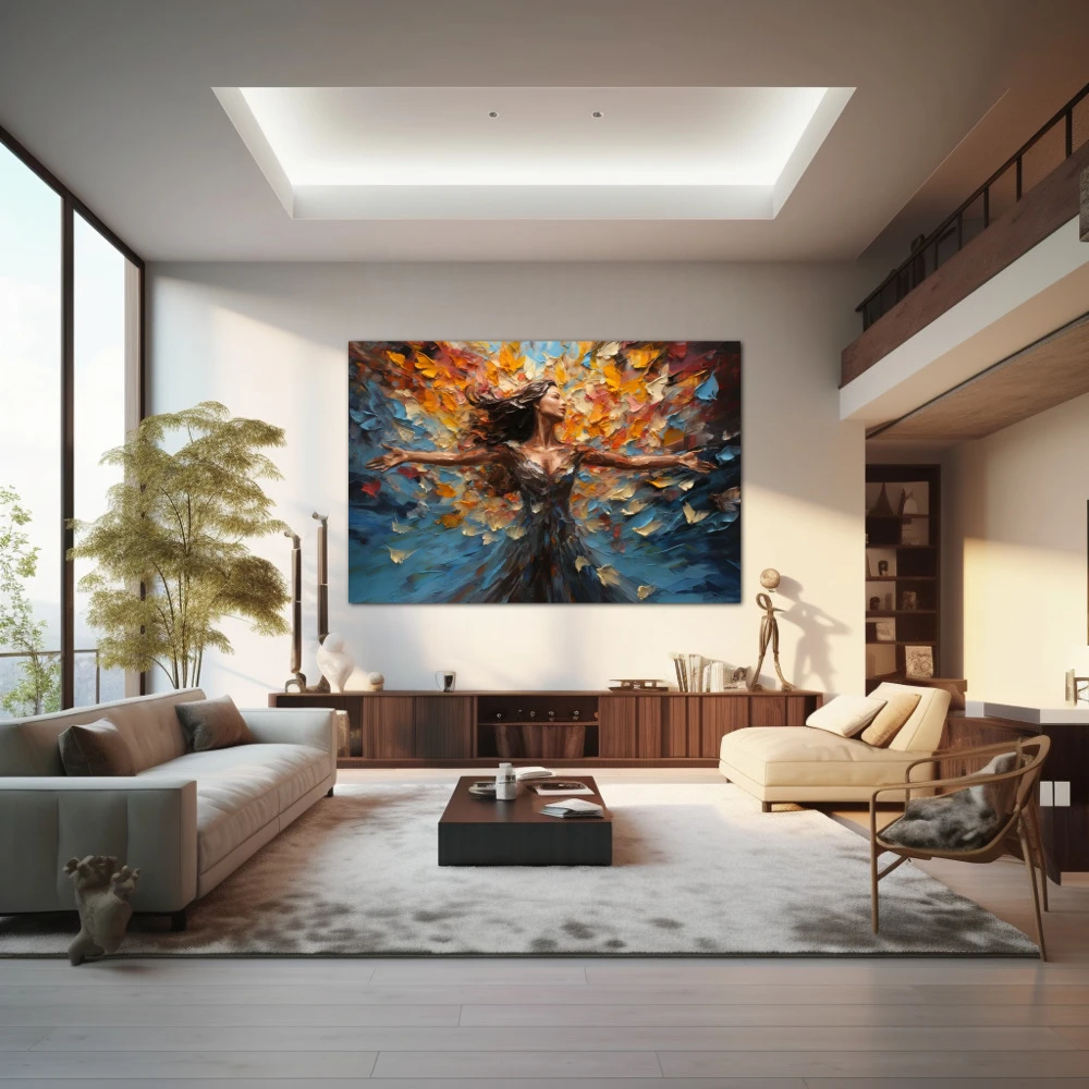 Wall Art titled: Dancing Among Dreams in a Horizontal format with: Blue, Sky blue, and Mustard Colors; Decoration the Living Room wall