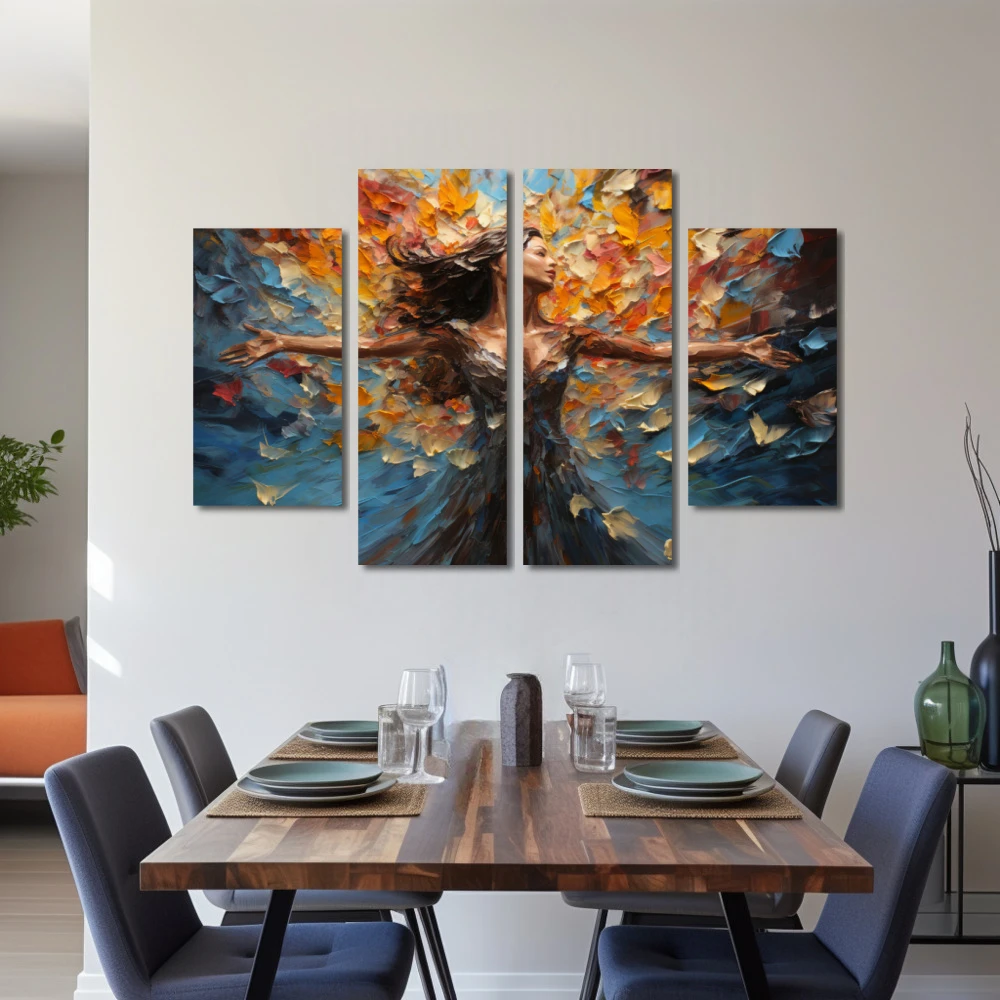 Wall Art titled: Dancing Among Dreams in a Horizontal format with: Blue, Sky blue, and Mustard Colors; Decoration the Living Room wall