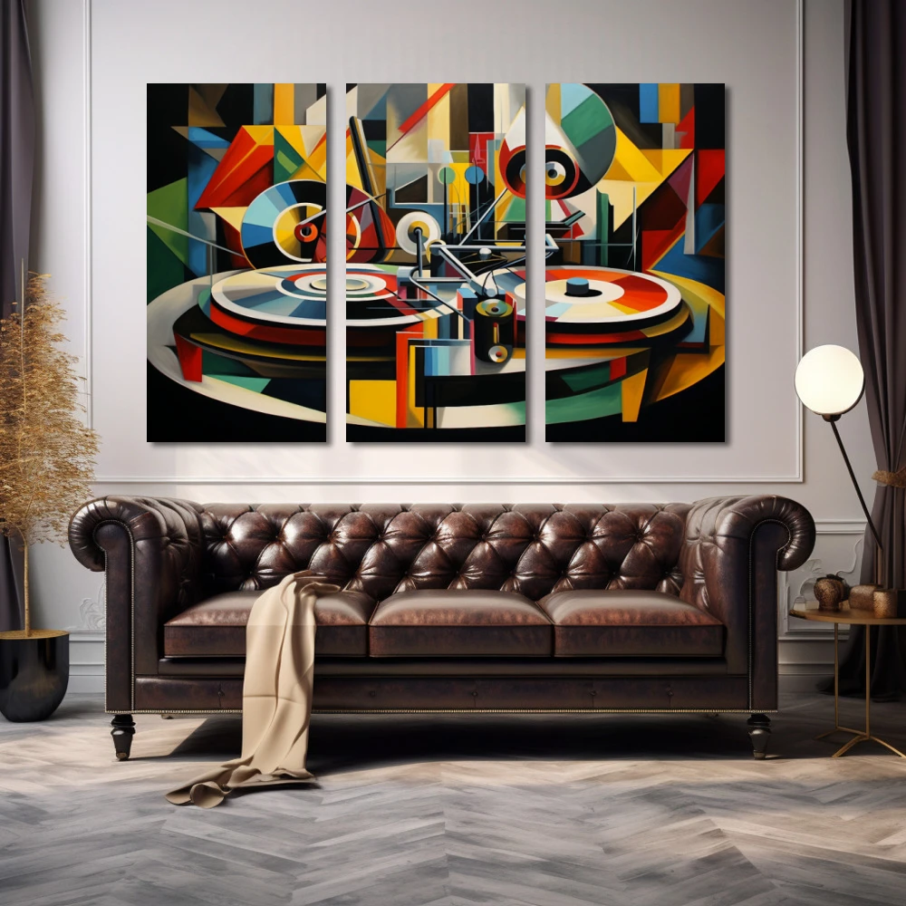 Wall Art titled: Yesterday's Grooves in a Horizontal format with: Yellow, Green, and Vivid Colors; Decoration the Above Couch wall