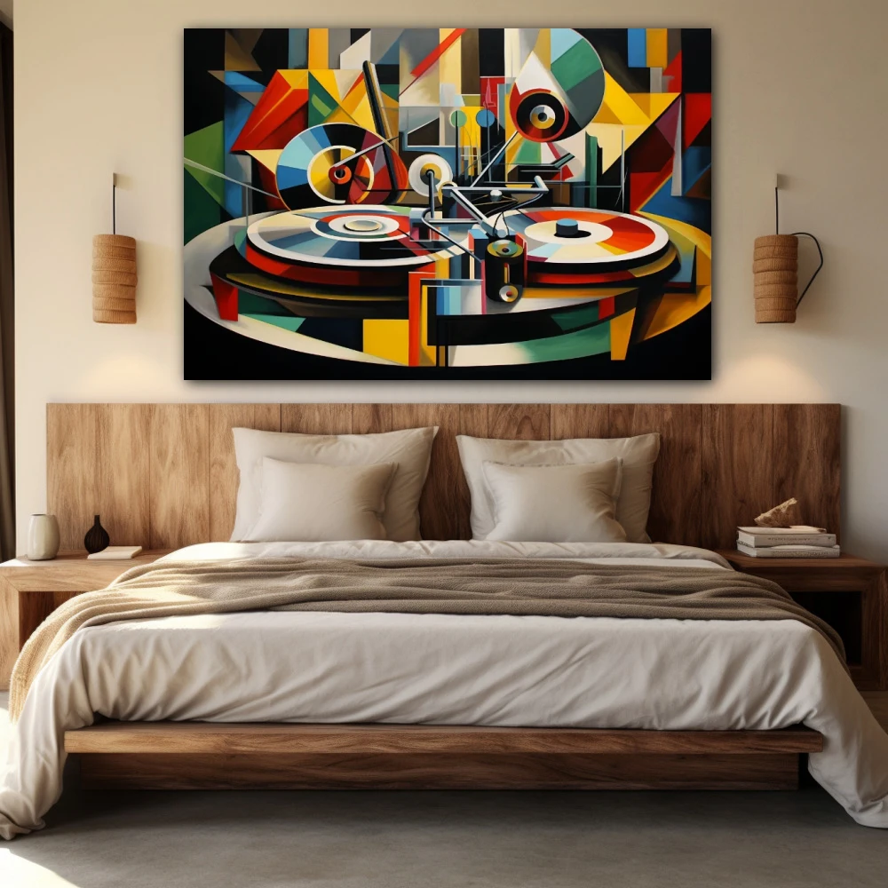 Wall Art titled: Yesterday's Grooves in a Horizontal format with: Yellow, Green, and Vivid Colors; Decoration the Bedroom wall