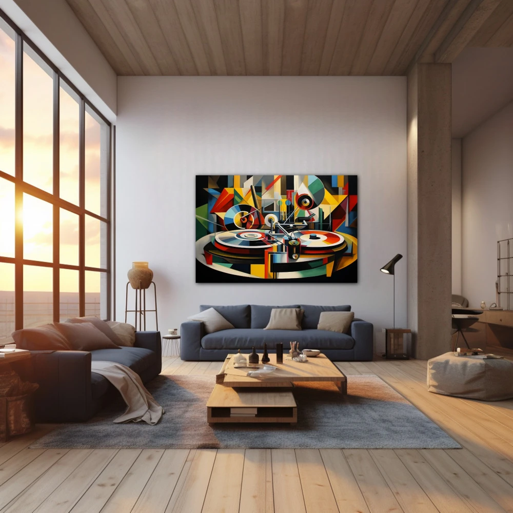 Wall Art titled: Yesterday's Grooves in a Horizontal format with: Yellow, Green, and Vivid Colors; Decoration the Living Room wall