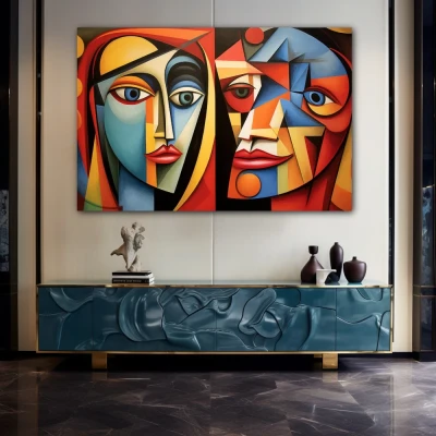 Wall Art titled: The Beauty and the Beast in a  format with: Blue, Red, and Vivid Colors; Decoration the Sideboard wall