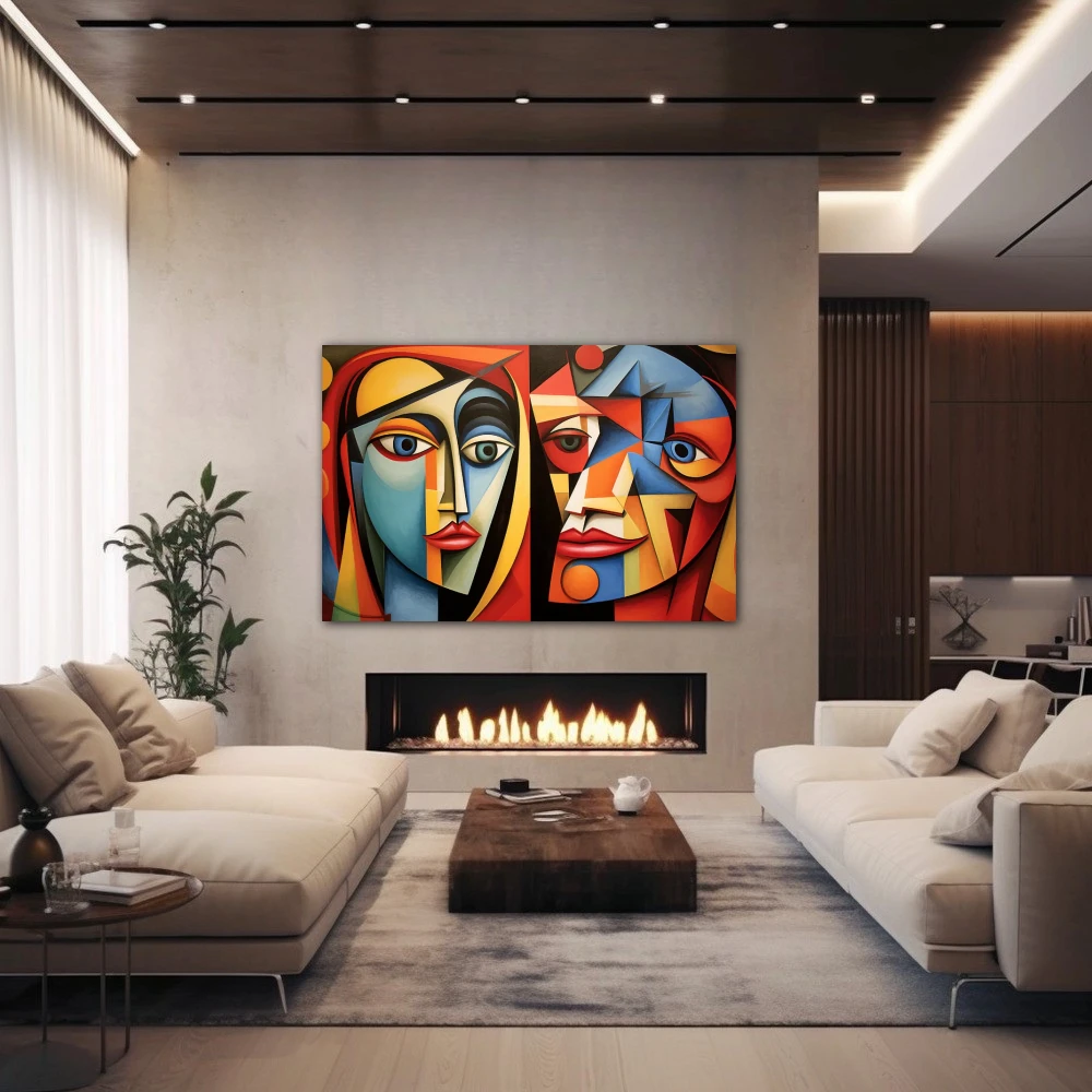 Wall Art titled: The Beauty and the Beast in a Horizontal format with: Blue, Red, and Vivid Colors; Decoration the Fireplace wall