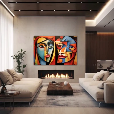 Wall Art titled: The Beauty and the Beast in a  format with: Blue, Red, and Vivid Colors; Decoration the Fireplace wall