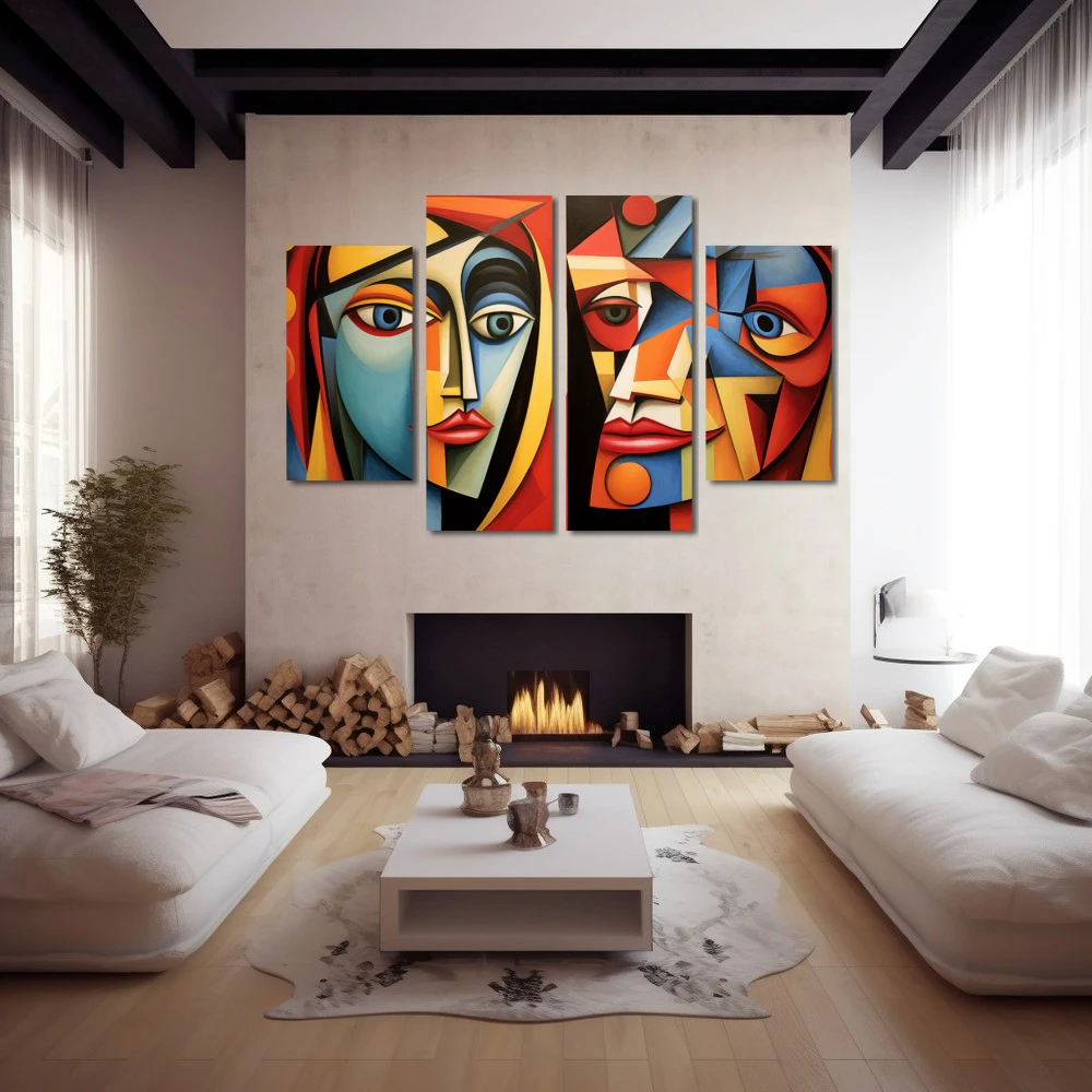 Wall Art titled: The Beauty and the Beast in a Horizontal format with: Blue, Red, and Vivid Colors; Decoration the Fireplace wall