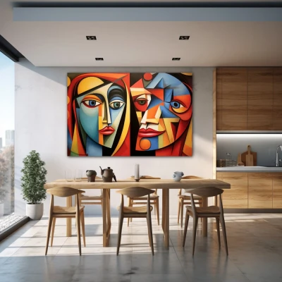Wall Art titled: The Beauty and the Beast in a  format with: Blue, Red, and Vivid Colors; Decoration the Kitchen wall