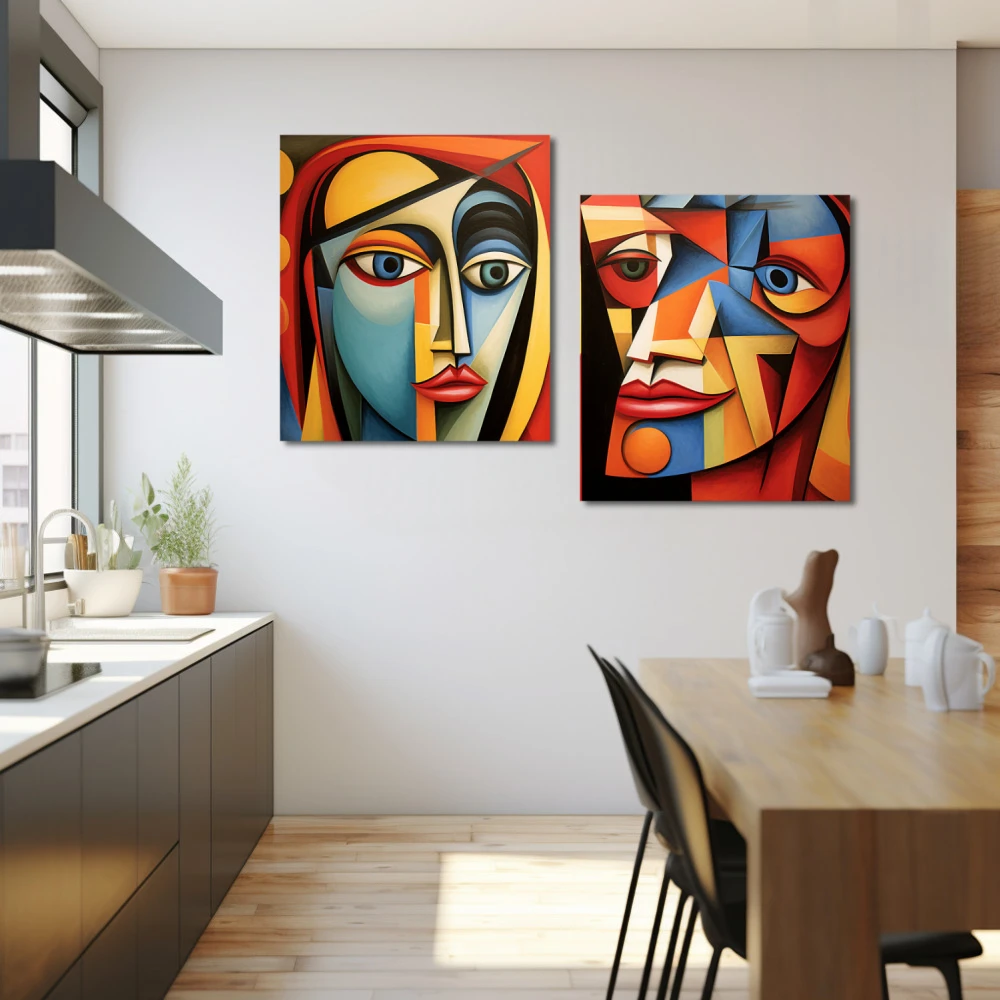 Wall Art titled: The Beauty and the Beast in a Horizontal format with: Blue, Red, and Vivid Colors; Decoration the Kitchen wall