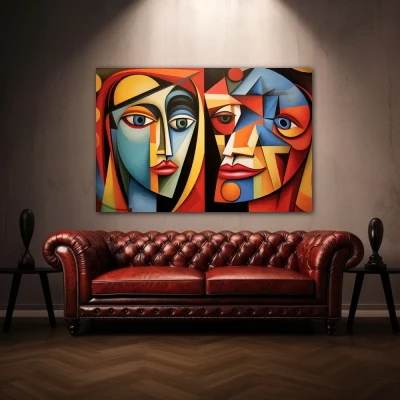 Wall Art titled: The Beauty and the Beast in a Horizontal format with: Blue, Red, and Vivid Colors; Decoration the Above Couch wall