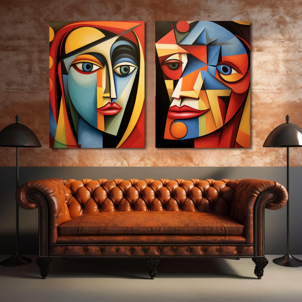 Wall Art titled: The Beauty and the Beast in a Horizontal format with: Blue, Red, and Vivid Colors; Decoration the Above Couch wall