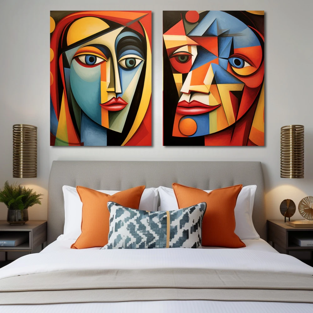 Wall Art titled: The Beauty and the Beast in a Horizontal format with: Blue, Red, and Vivid Colors; Decoration the Bedroom wall