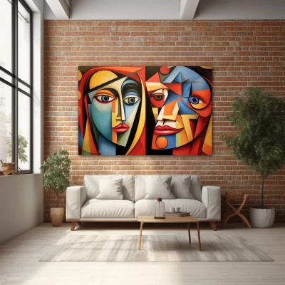 Wall Art titled: The Beauty and the Beast in a  format with: Blue, Red, and Vivid Colors; Decoration the Brick walls wall