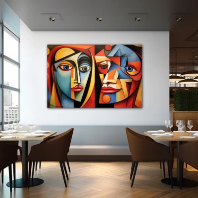 Wall Art titled: The Beauty and the Beast in a Horizontal format with: Blue, Red, and Vivid Colors; Decoration the Restaurant wall