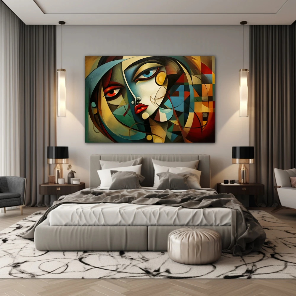 Wall Art titled: Geometric Heterochromia in a Horizontal format with: and Red Colors; Decoration the Bedroom wall