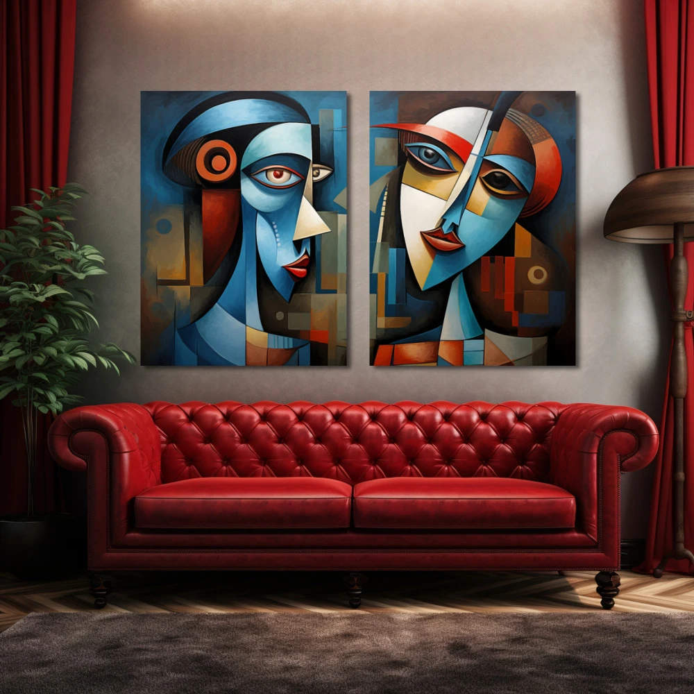 Cuadro romeo y julieta en formato díptico con colores azul, rojo, vivos; decorando pared de encima del sofá